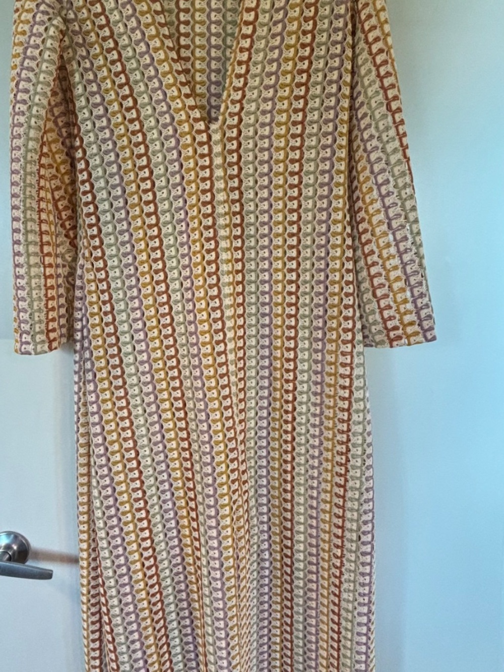 Resort Scalloped V Neck Bell Sleeve Crochet Knit Maxi - Picture 2 of 3